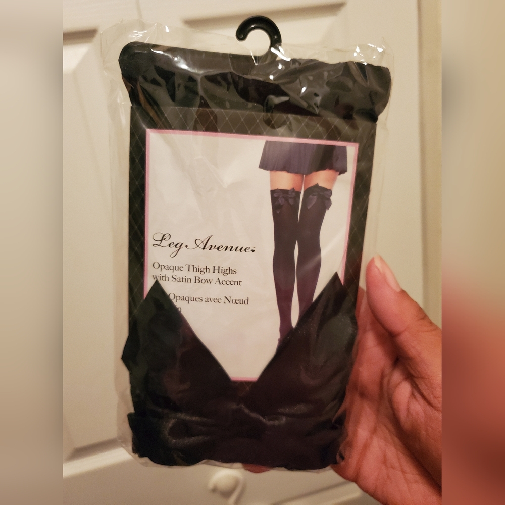 Leg Avenue Black Opaque Thigh Highs with Satin Bow "One Size 90-160 lbs"